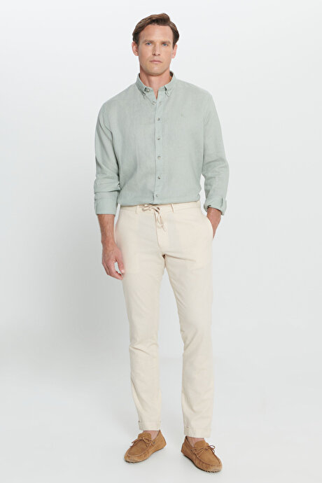 Slim Fit Dar Kesim %100 Pamuk Yan Cep Pileli Ekru Pantolon resmi