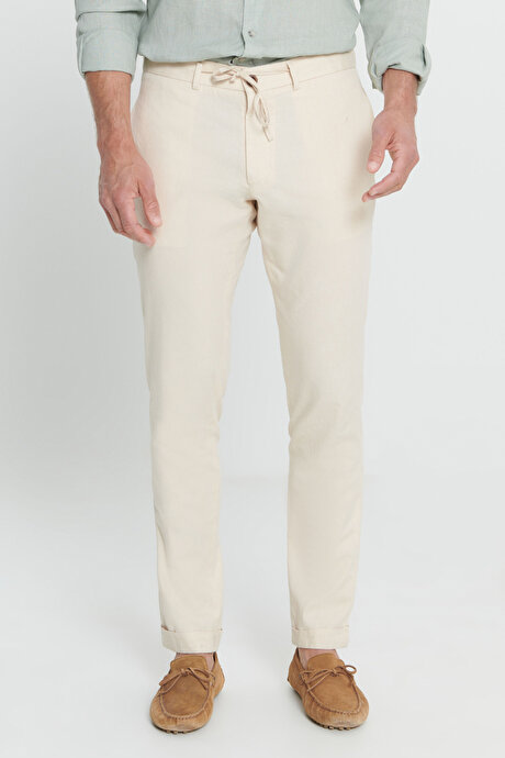Slim Fit Dar Kesim %100 Pamuk Yan Cep Pileli Ekru Pantolon resmi