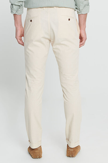 Slim Fit Dar Kesim %100 Pamuk Yan Cep Pileli Ekru Pantolon resmi