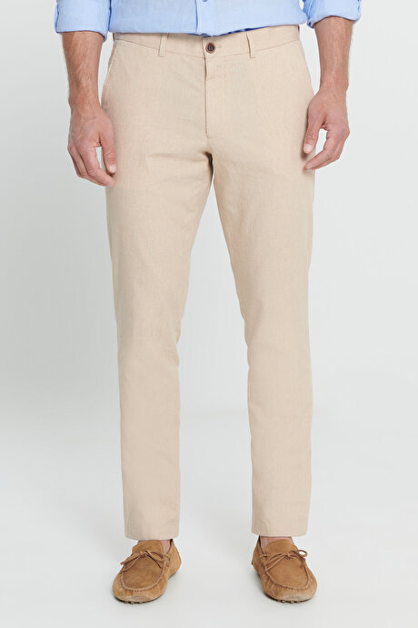 Slim Fit Dar Kesim %100 Pamuk Yan Cepli Bej Pantolon resmi