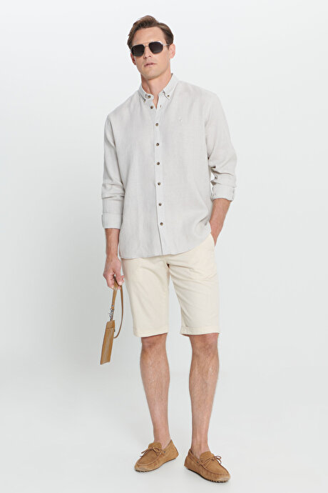 Slim Fit Dar Kesim %100 Pamuk Yan Cep Ekru Şort resmi