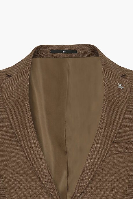 Slim Fit Dar Kesim Mono Yaka Armürlü Kahverengi Ceket resmi