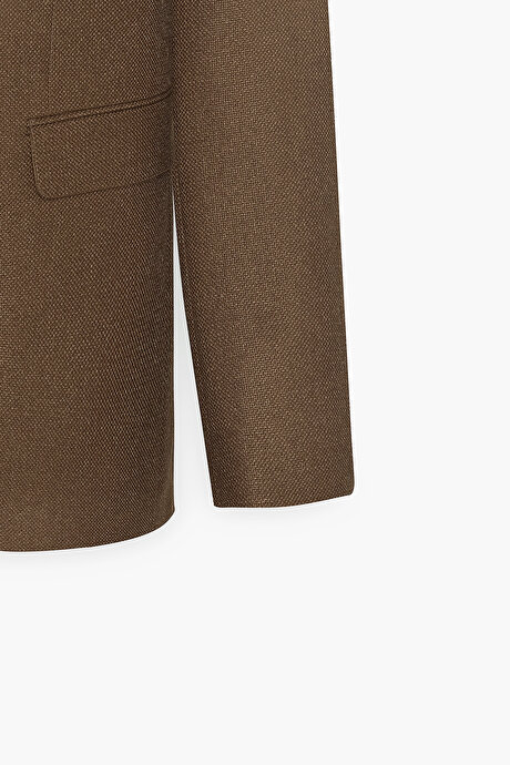 Slim Fit Dar Kesim Mono Yaka Armürlü Kahverengi Ceket resmi