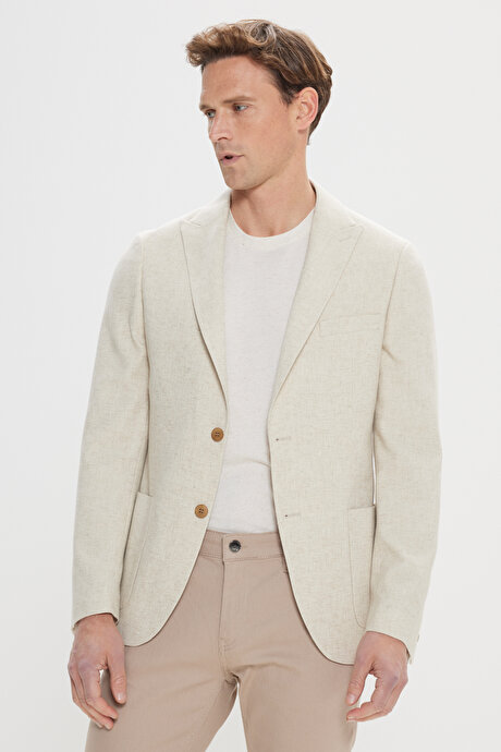 Slim Fit Dar Kesim Kırlangıç Yaka Bej Ceket resmi