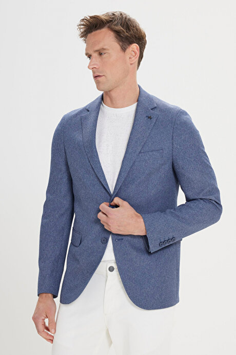 Slim Fit Dar Kesim Mono Yaka Desenli Mavi Ceket resmi