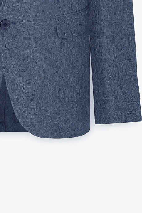 Slim Fit Dar Kesim Mono Yaka Desenli Mavi Ceket resmi