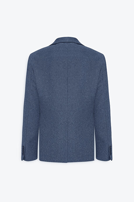 Slim Fit Dar Kesim Mono Yaka Desenli Mavi Ceket resmi