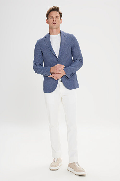 Slim Fit Dar Kesim Mono Yaka Desenli Mavi Ceket resmi