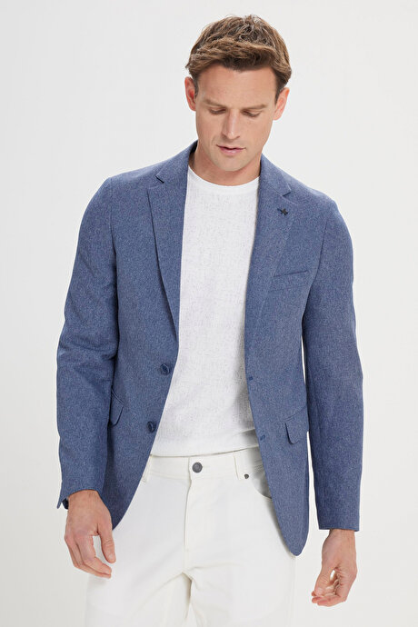 Slim Fit Dar Kesim Mono Yaka Desenli Mavi Ceket resmi