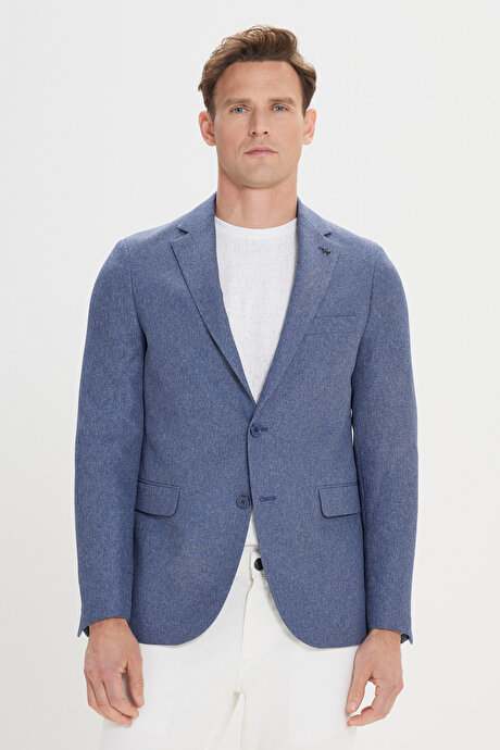 Slim Fit Dar Kesim Mono Yaka Desenli Mavi Ceket resmi