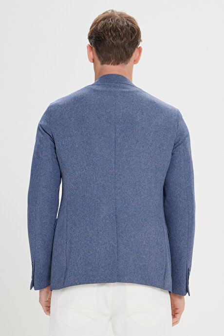 Slim Fit Dar Kesim Mono Yaka Desenli Mavi Ceket resmi