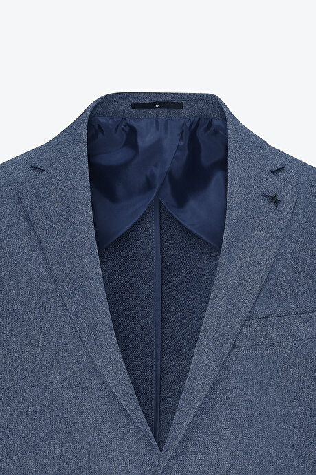 Slim Fit Dar Kesim Mono Yaka Desenli Mavi Ceket resmi