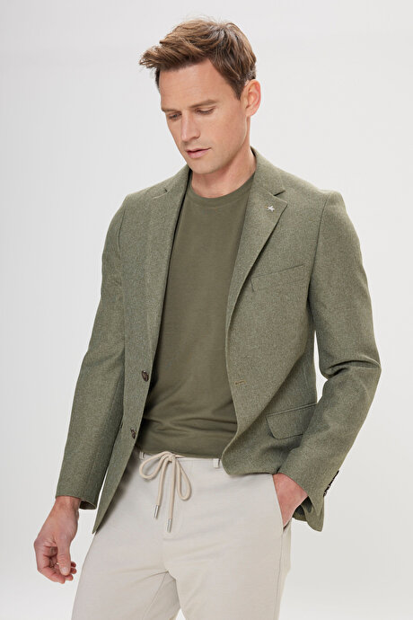 Slim Fit Dar Kesim Mono Yaka Desenli Yeşil Ceket resmi