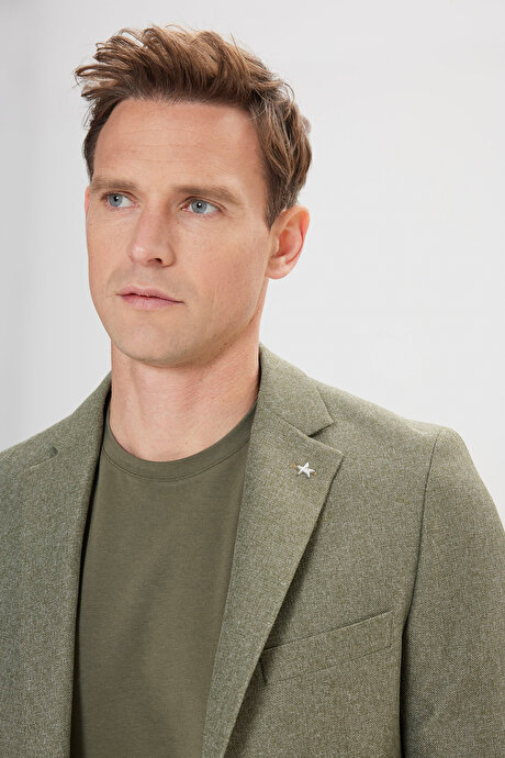 Slim Fit Dar Kesim Mono Yaka Desenli Yeşil Ceket resmi