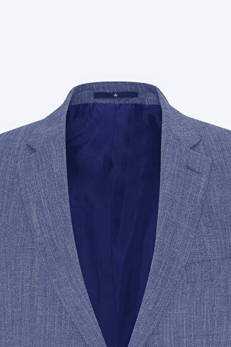 Comfort Fit Rahat Kesim Mono Yaka Diagonal Desenli Lacivert Ceket resmi