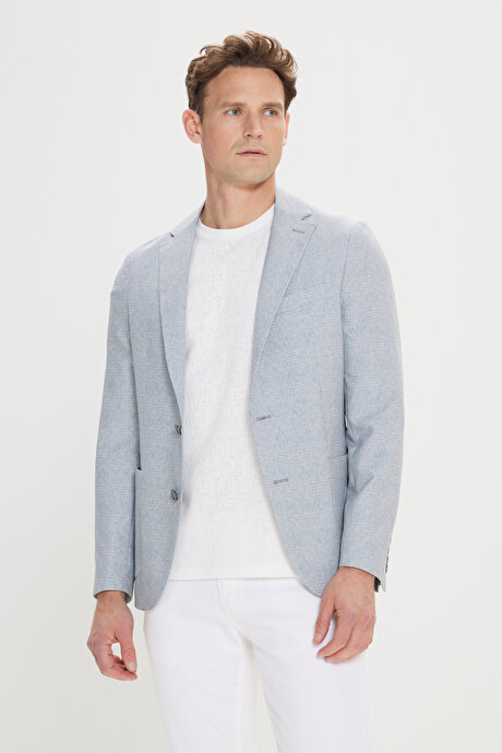 360 Her Yöne Esneyen Slim Fit Dar Kesim Mono Yaka Desenli Gri-Mavi Ceket resmi