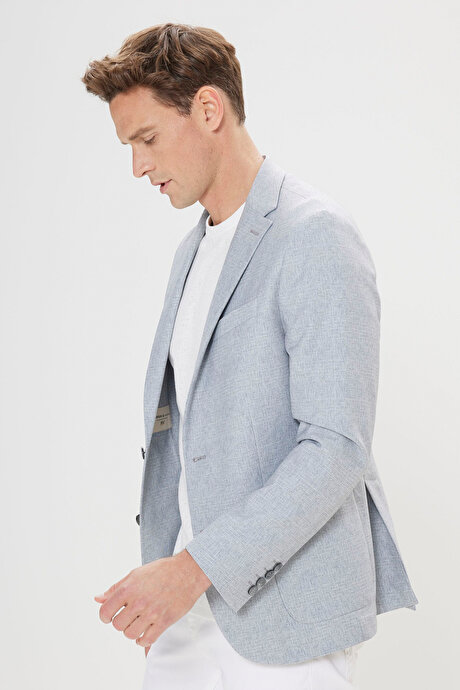 360 Her Yöne Esneyen Slim Fit Dar Kesim Mono Yaka Desenli Gri-Mavi Ceket resmi