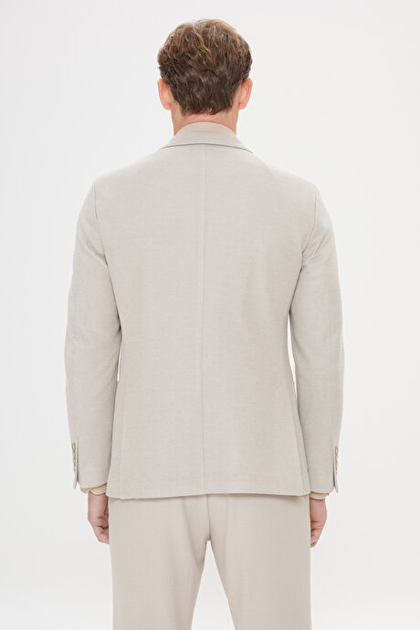 360 Her Yöne Esneyen Slim Fit Dar Kesim Kırlangıç Yaka Desenli Bej Ceket resmi