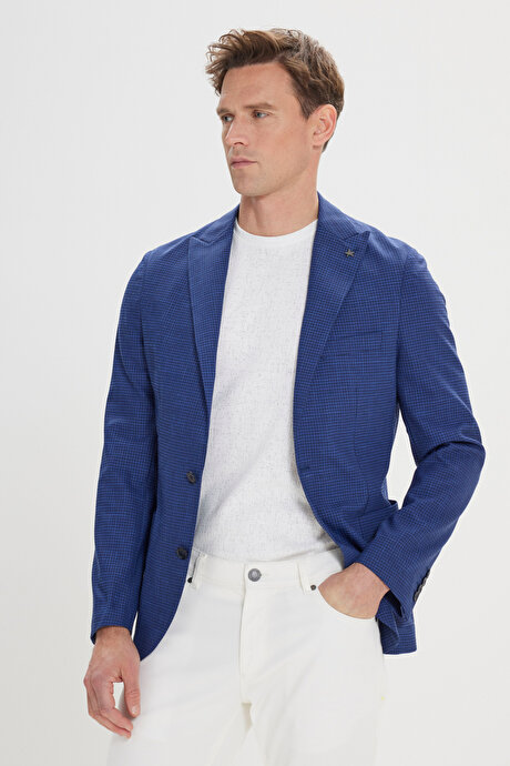 Slim Fit Dar Kesim Kırlangıç Yaka Desenli Lacivert Ceket resmi
