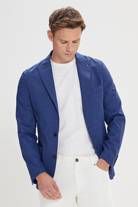 Slim Fit Dar Kesim Kırlangıç Yaka Desenli Lacivert Ceket resmi