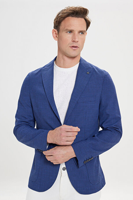Slim Fit Dar Kesim Kırlangıç Yaka Desenli Lacivert Ceket resmi