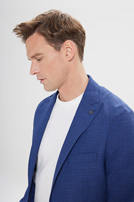 Slim Fit Dar Kesim Kırlangıç Yaka Desenli Lacivert Ceket resmi