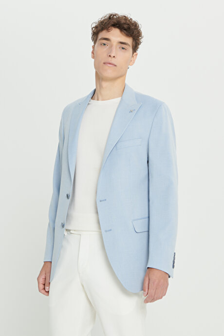 Slim Fit Dar Kesim Kırlangıç Yaka Açık Mavi Ceket resmi