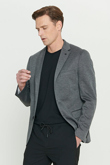 360 Her Yöne Esneyen Slim Fit Dar Kesim Mono Yaka Desenli Antrasit CeketYDA042420011ATR