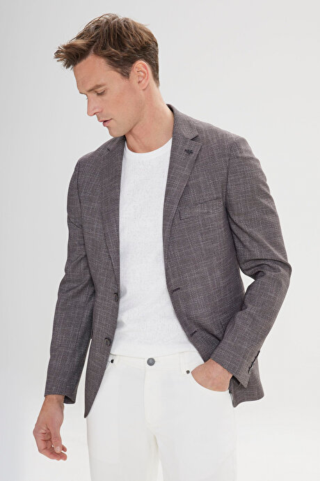 Slim Fit Dar Kesim Mono Yaka Desenli Siyah-Bordo Ceket resmi