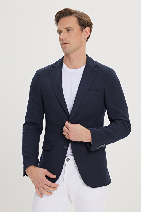 360 Derece Her Yöne Esneyen Slim Fit Dar Kesim Mono Yaka Lacivert Ceket resmi