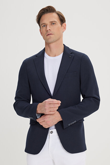 360 Derece Her Yöne Esneyen Slim Fit Dar Kesim Mono Yaka Lacivert Ceket resmi