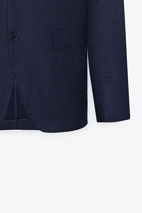 Slim Fit Dar Kesim Mono Yaka Armürlü Lacivert Ceket resmi