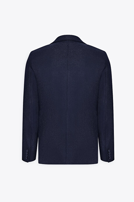 Slim Fit Dar Kesim Mono Yaka Armürlü Lacivert Ceket resmi