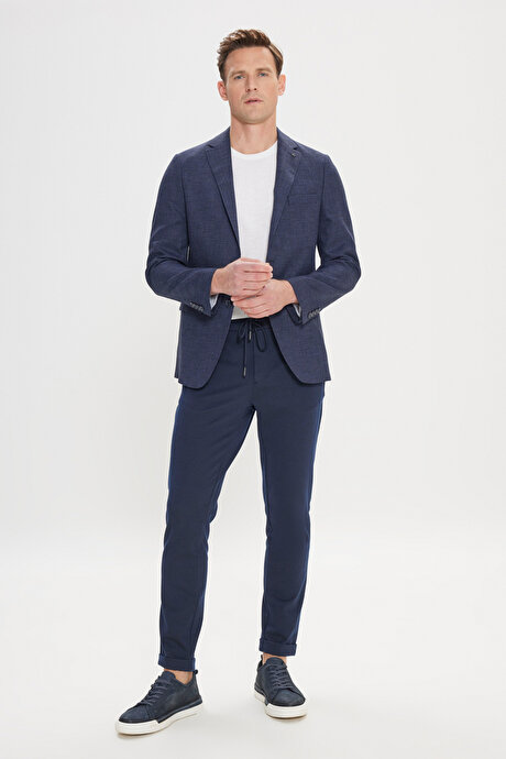 Slim Fit Dar Kesim Mono Yaka Armürlü Lacivert Ceket resmi