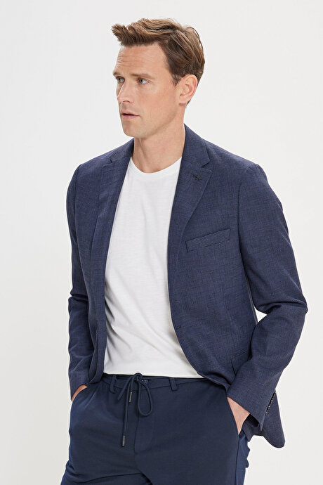 Slim Fit Dar Kesim Mono Yaka Armürlü Lacivert Ceket resmi