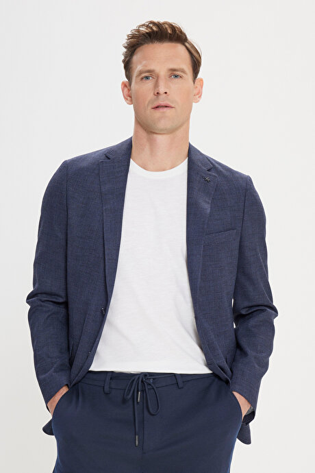 Slim Fit Dar Kesim Mono Yaka Armürlü Lacivert Ceket resmi