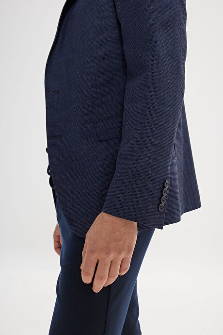 Slim Fit Dar Kesim Mono Yaka Armürlü Lacivert Ceket resmi