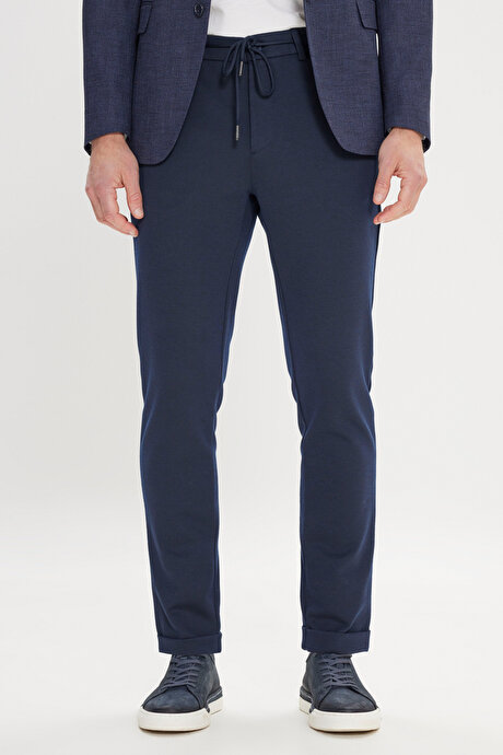 Slim Fit Dar Kesim Mono Yaka Armürlü Lacivert Ceket resmi