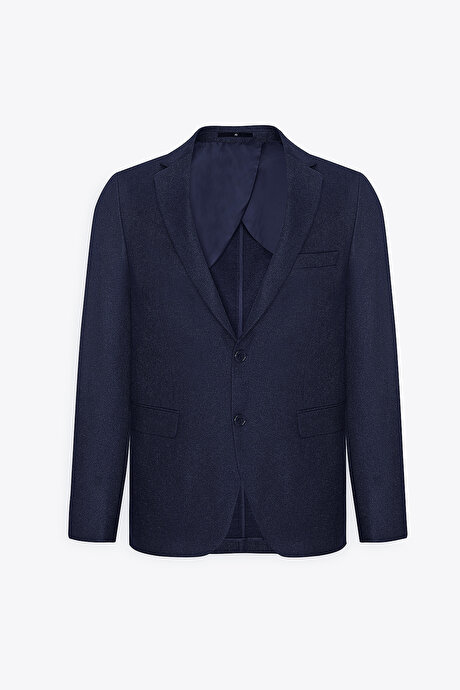 Slim Fit Dar Kesim Mono Yaka Armürlü Lacivert Ceket resmi
