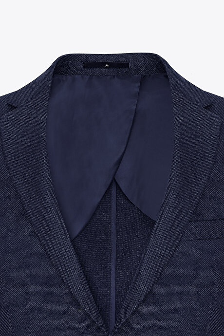 Slim Fit Dar Kesim Mono Yaka Armürlü Lacivert Ceket resmi