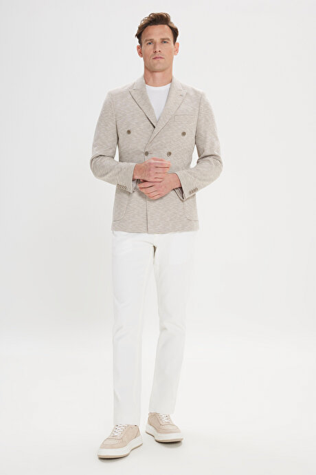 Slim Fit Dar Kesim Kırlangıç Yaka Pamuklu Desenli Kruvaze Bej Ceket resmi