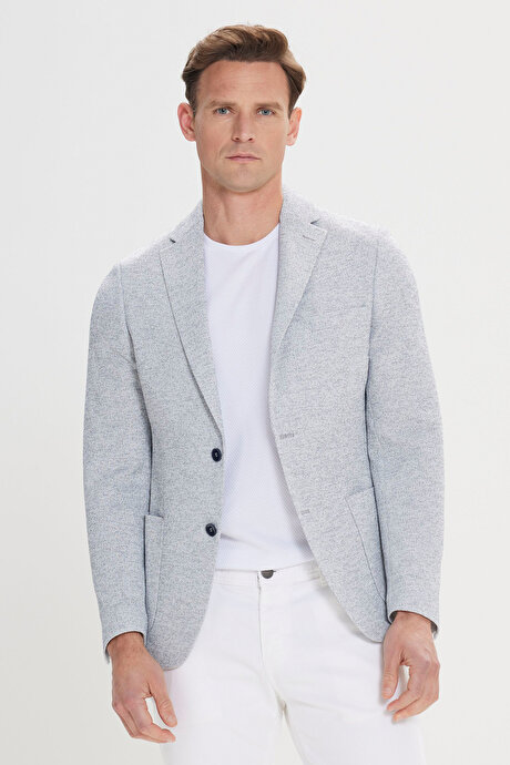 Slim Fit Dar Kesim Mono Yaka Desenli İndigo Ceket resmi