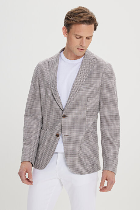 Slim Fit Dar Kesim Mono Yaka Desenli Kahve-Bej Ceket resmi