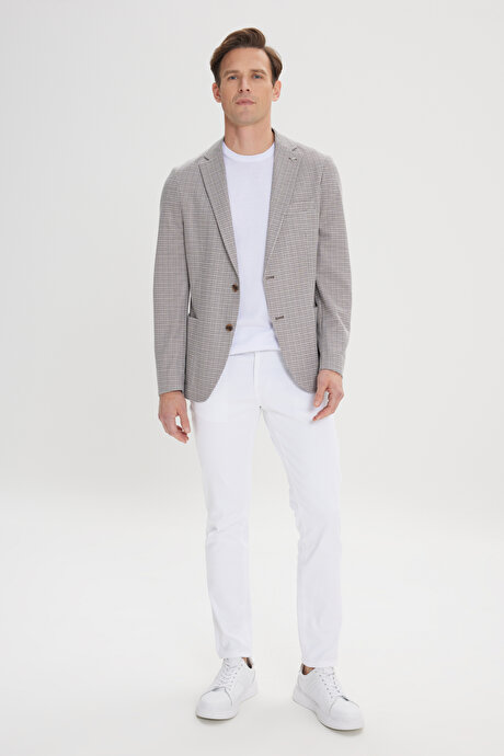 Slim Fit Dar Kesim Mono Yaka Desenli Kahve-Bej Ceket resmi