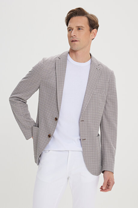 Slim Fit Dar Kesim Mono Yaka Desenli Kahve-Bej Ceket resmi