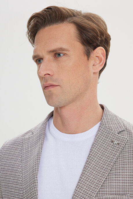 Slim Fit Dar Kesim Mono Yaka Desenli Kahve-Bej Ceket resmi