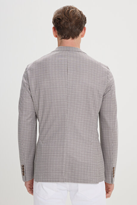 Slim Fit Dar Kesim Mono Yaka Desenli Kahve-Bej Ceket resmi