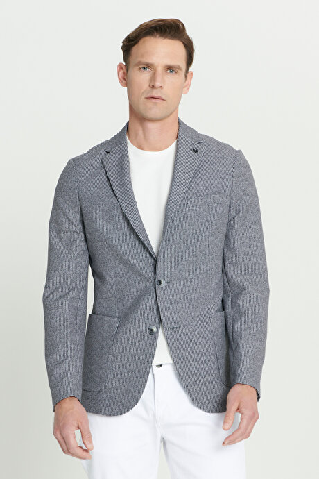 Slim Fit Dar Kesim Mono Yaka Desenli Siyah-Beyaz Ceket resmi