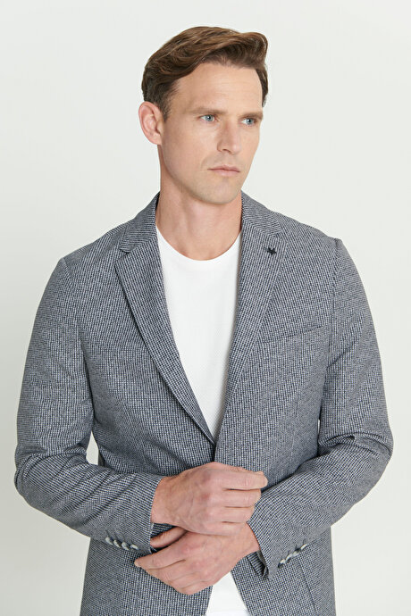 Slim Fit Dar Kesim Mono Yaka Desenli Siyah-Beyaz Ceket resmi