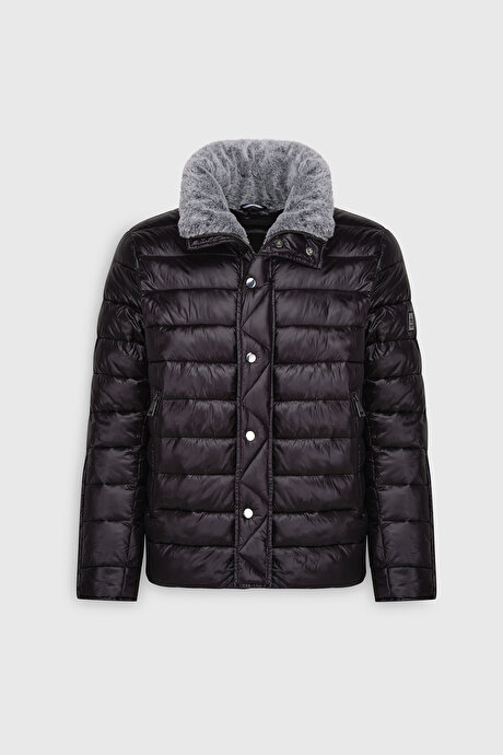 Standart Fit Normal Kesim İçi Kürklü Dik Yaka Kapitone Desenli Şişme Siyah Mont resmi